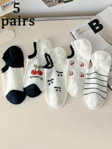5 Pairs Women's Sweet Cherry Pattern & Ruffle Detail Charming Stylish Versatile Ankle Socks, Suitable For Daily Wear - Multicolor - View 1