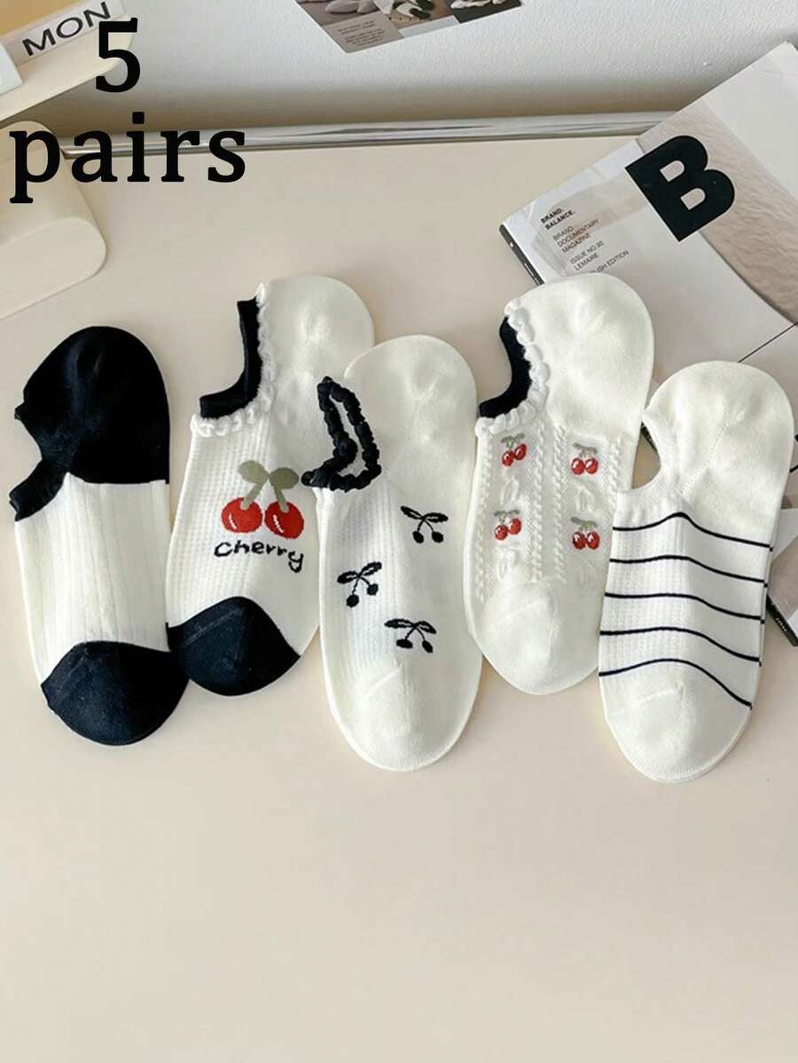 5 Pairs Women's Sweet Cherry Pattern & Ruffle Detail Charming Stylish Versatile Ankle Socks, Suitable For Daily Wear - Multicolor - View 1