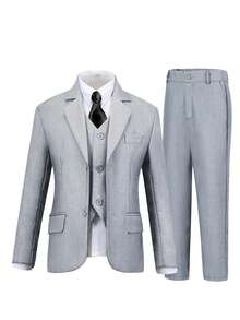 Boys Suits 3-Pieces Suit Set Toddler Tuxedos Dresswear Ring Bearer Outfit Wedding Blazer Vest Pants Formal Suits For Kids Light Grey Size 3-10Y