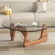 Living Room Coffee Table - A Triangular Glass Coffee Table With A Wooden Base. Abstract Dining Table, Study Room, Office, Hotel Balcony (Walnut TransparentWoodBlack Tea Table), Versatile And Comfortable - 胡桃色 - 查看 5
