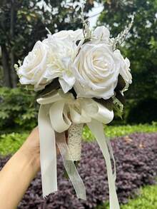 1 pezzo Fiore artificiale rosa con nastro per sposa da tenere al matrimonio, stile campagnolo, accessorio per abito da sposa e foto