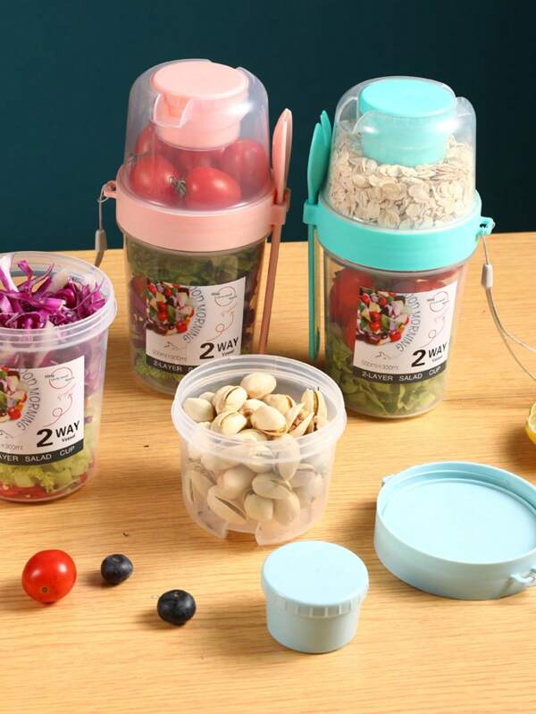 1pc Creative Double Layer Salad Cup Fat Reduction Salad Cup Double Layer Vegetable Salad Cup Takeaway Light Food Cup, Creative Home, Kitchen Restaurant, Kitchen Gadgets, Creative Salad Tools Are Suitable For Restaurants, Kitchens, Living Rooms, Etc