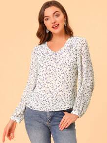 Women's Ditsy Floral Top For Cute Ruffle Collar Long Sleeve Summer Peasant Tops