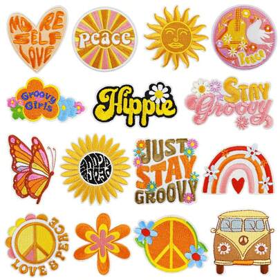 1pc/15pcs Set Hippy Iron On Patches, Sew On Embroidered Applique Repair Patches, DIY Patches For Clothing, Jacket, Jeans, Pants, Dress, Backpack, Hat Decoration