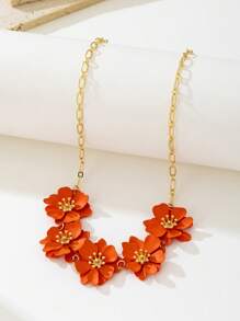 1 Pc Vibrant Orange Flower Shaped Double Layer Asymmetrical Five-Petal Pendant Necklace For Women, Suitable For Vacation, Daily Wear, Party Decoration, Gift Jewelry