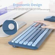 Quiet Wireless Keyboard And Mouse, Retro Typewriter-Style Full-Size Colorful Keyboard And Mouse Combo, Slim Design, Low-Noise Typing For Windows PC Laptop - 藍色 - 查看 6
