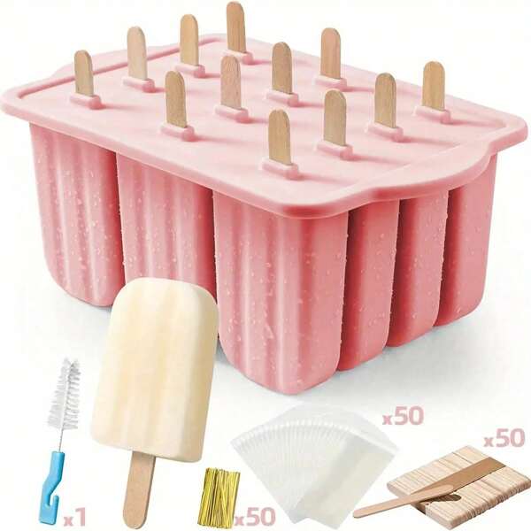 New Summer Hot Ice Cream Tools & Wooden Sticks, Customized Mini Silicone Ice Cream And Popsicle Molds, 12-Piece Silicone Popsicle Maker Mold Set With Sticks And Cleaning Brush