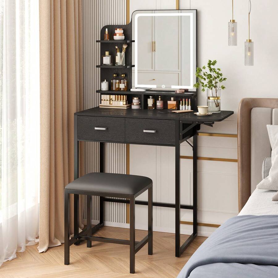 Tomnk Makeup Vanity Desk With Mirror And Lights, Small Vanity With Fabric Storage Drawer & Chair & Shelves, White Vanity With Fold-Up Panel And Power Outlet For Bedroom, Bedroom Furniture(The Light Strip Is Powered By USB) - 查看 1
