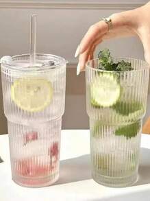 1pc 20.29oz Large Striped Glass Cup With Lid - Insulated, Reusable, Suitable For Cold Drinks, Juices And Coffee - Ideal For Home, Office And Holiday Gatherings