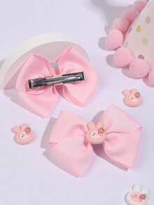 2pcs Kids Pink Rabbit Animal Strawberry Bow Hair Clips, Suitable For Children And Spring Season - Multicolor - View 3