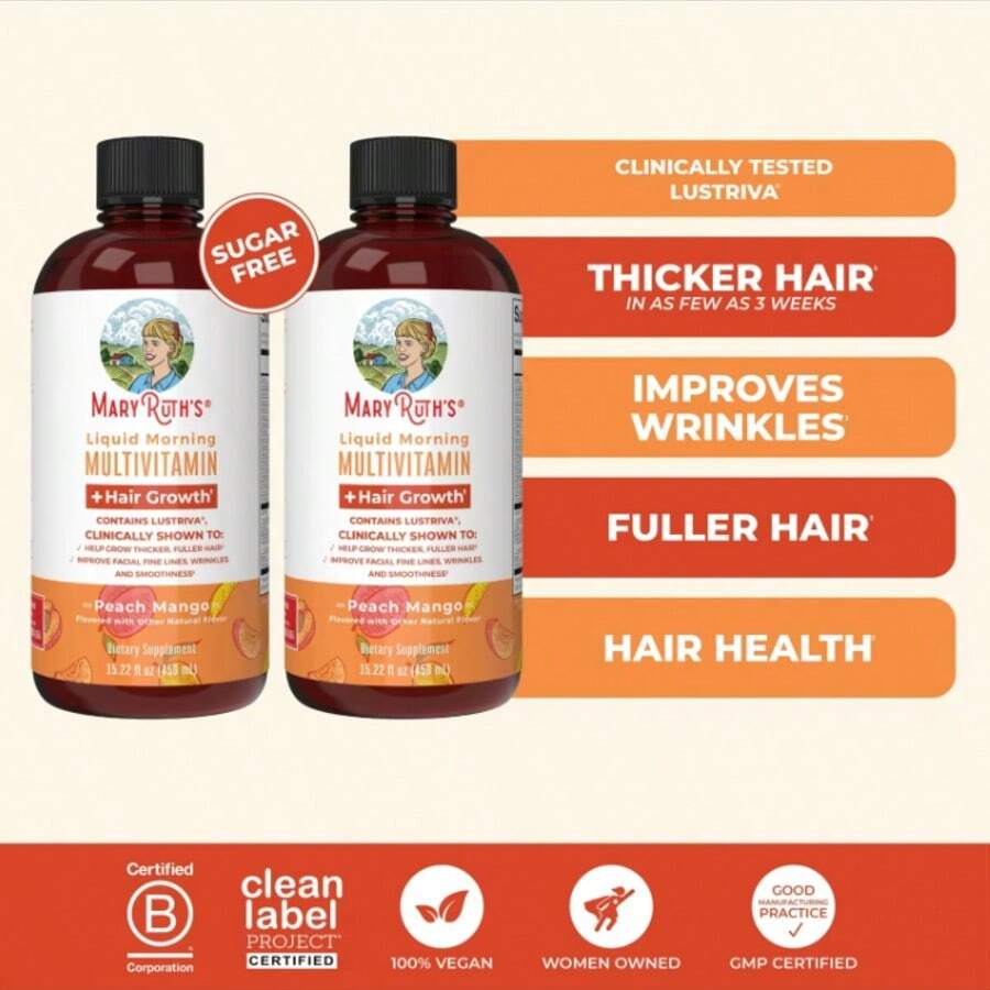 MaryRuth's Liquid Multivitamin With Lustriva – Hair Growth, Skin Smoothness & Daily Wellness | Peach Mango Flavor | Vegan | 15.22 Fl Oz - 2pcs - 查看 1