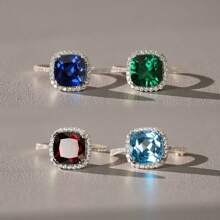 1 pieza Nuevo accesorio de joyería de moda, anillos de circonita cuadrados en azul marino, verde, rojo y azul claro, adecuados para uso diario, fiestas, festivales y regalos para mujeres