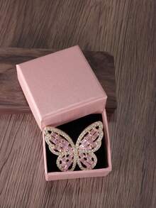 Adjustable Rhinestone Pink Butterfly Fashion Ring, Gift Box Packaging Suitable For Women - Multicolor - View 1
