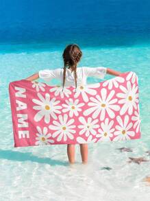 Toalha de praia personalizada com nome para meninos e meninas, 1 peça, flores clássicas, várias cores, toalha de praia para pais e filhos, absorvente, multifuncional, secagem rápida, respirável, reutilizável, requintada, confortável, macia, moderna