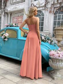 QOQ 优雅简约女士婚礼礼服夏季伴娘礼服，适合婚礼、宾客、晚宴、正式活动、订婚派对、草坪婚礼，纯色围脖领不对称下摆露背伴娘长裙 - 淺橘色 - 查看 2