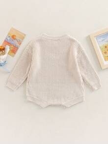 Baby Boy Girl Sweater Romper Long Sleeve Round Neck Solid Color Knit Bodysuit Infant Warm Outfit - Màu be - Xem 2