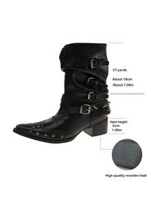 Botas altas con remaches vintage, botas francesas para mujer, botas occidentales versátiles, botas de montar, botas de tobillo - Negro - Ver 8