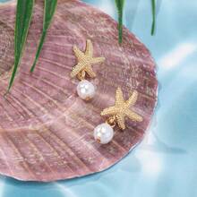 1 Pair Fashion European & American Style Starfish & Faux Pearl Beach Themed Metallic Tassel Women Earrings, Suitable For Beach Travel & Holiday Wear