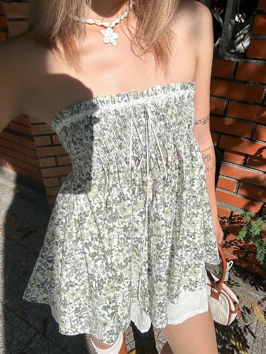 Women Floral Print Tube Top Cute Bow Tie Pleated Ruffle Hem Strapless Tank Shirt Summer Loose Fit Flowy Bustier Top - 綠色 - 查看 1