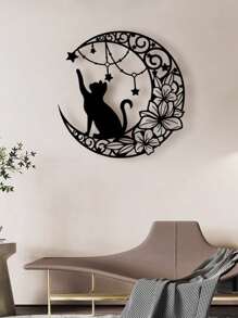 1 pieza Decoración de pared de silueta de metal de gato negro y luna de arte de hierro