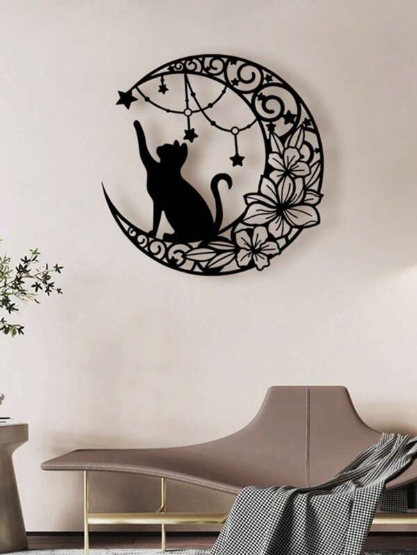 1 pieza Decoración de pared de silueta de metal de gato negro y luna de arte de hierro