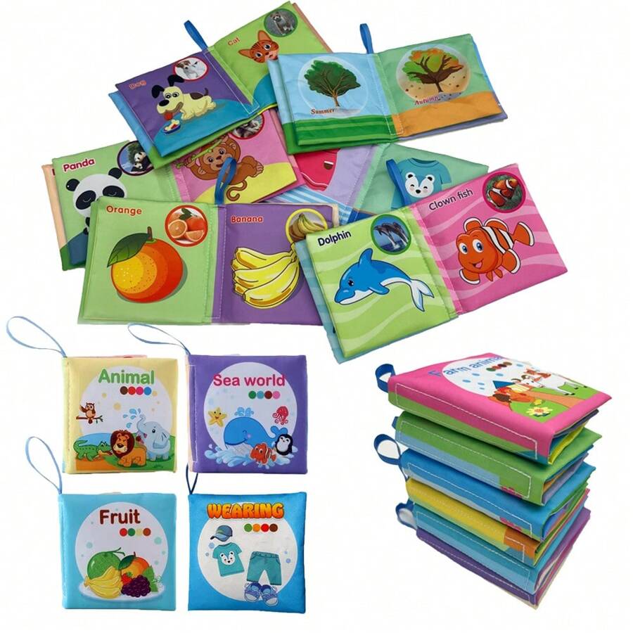Paquete de 4 libros blandos de educación temprana para niños, lavables, masticables, resistentes al desgarro, que incluyen animales, frutas y otros juguetes de aprendizaje interactivo, adecuados como regalos de Navidad, cumpleaños, Halloween, Acción de Gracias y Pascua para bebés y niños pequeños