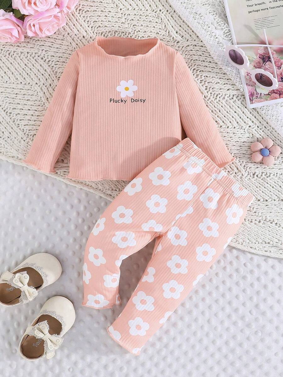 2pcs Baby Girls' Floral Print Casual T-Shirt Top And Allover Flower Allover Print Pants Set - Pink - View 1