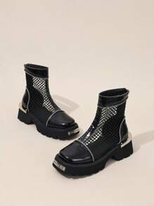 Punk Style Patchwork Hollow-Out Boots Short Boots For Women, Summer Thick Sole Mesh Breathable Metal Buckle Back Zipper Sandals