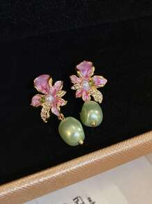 Vintage Faux Pearl Flower Earrings, Niche Design 2024 New Chinese Style Elegant Earrings, Retro Enamel Rhinestone Flower Earrings, Suitable For Daily Cheongsam And Hanfu Wear To Express Oriental Charm; Suitable For Retro Themed Parties, Art Exhibitions To Match The Artistic Style; Suitable For Brides Or Bridesmaids Wear At Weddings To Add Luxurious Romantic Atmosphere