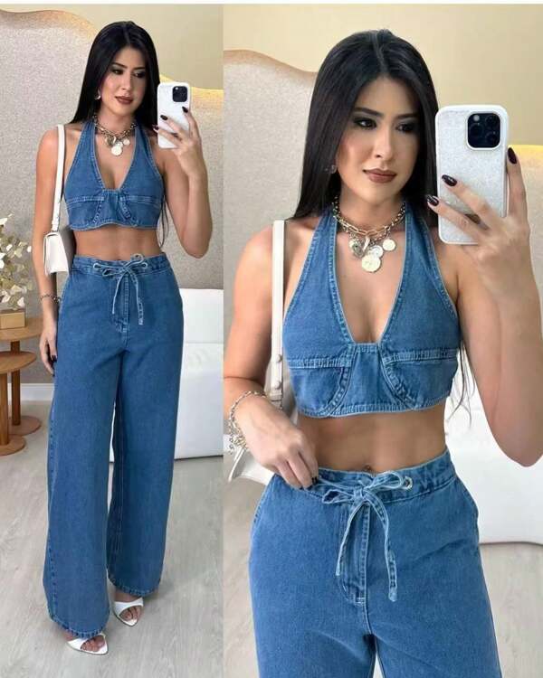The lemon 8374 conjunto jeans feminina blusa com calca cropped top jeans  p38 m40 g42  8374