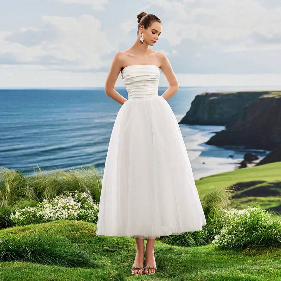 Vestido de festa feminino, cor sólida, simples, sem alças, franzido, branco, para férias, malha, elegante, espartilho, para chá de panela, adequado para formatura, jantar, noiva