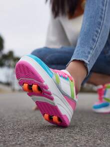 Wheeled Sneakers With Detachable Wheels, Suitable For Boys And Girls, Low-Top Lace Up Style, Lightweight, Durable And Anti-Slip, Suitable For Outdoor Activities - Hot Pink - View 7