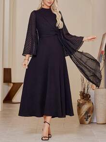 Stand Collar, Bell Sleeve Arabic Style Dress - Black - View 6