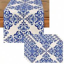 1 pieza Tapete de mesa con estampado floral retro azul, 4 piezas Individuales con estampado floral retro, adecuados para festivales, fiestas, cumpleaños, cenas, decoración de cocina y comedor, decoración del hogar y la habitación para todas las estaciones