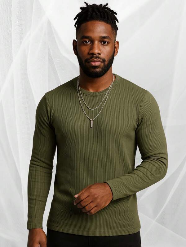 Camisa Masculina Ribana Canelada Slim Fit Confortável Estilosa Casaco Caimento Perfeito Casual Streetwear Manga Longa