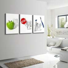 Set 3 dinți Zâmbet și îngrijire dentară Clean Bacteria Wall Art Canvas Painting Poster cu cadru pentru living modern, baie, dormitor, hotel, pensiune, coridor, studio, clasă, cameră pentru copii, clinică stomatologică, spital, cămin, birou de acasă Decor gata de agățat
