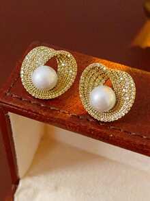 女士锆石圆形珍珠耳环个性化不对称耳钉优雅高感简约珠宝婚礼女孩女士日常派对配饰、时尚珠宝、最佳朋友礼物 - 金色 - 查看 14