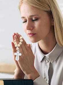 Set de regalo de 5/10 piezas de cuentas de rosario de madera personalizadas, que incluye rosario en beige y bolsa de organza, adecuado para recuerdos de boda, fiestas de cumpleaños, bautizos, regalos de primera comunión y regalos para ceremonias religiosas para estudiantes de secundaria, preparatoria, universidad y estudiantes universitarios.