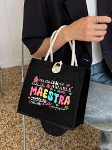 Bolso de mano de lino con estampado de agradecimiento al maestro, monedero de lino negro, bolsa de compras negra con texto "Maestra", regalo de aprecio al maestro, bolso de mujer de lino de gran capacidad. Diseño innovador, bolso de almacenamiento casual portátil de gran capacidad