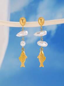 1 Pair Of Stainless Steel 18k Gold Ocean Series Beach Vacation Style, Crab Earrings, Octopus Earrings, Small Fish Earrings, Pearl Earrings, Pendant Earrings, Give Gifts To Friends