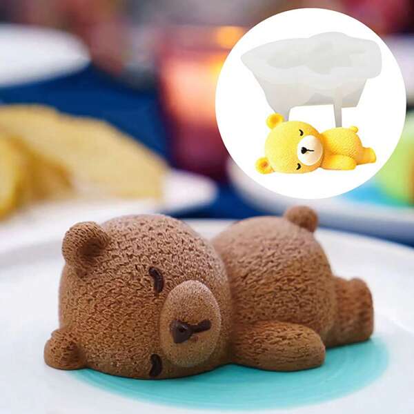 1 pièce Moule à gâteau mousse ours endormi mignon 3D, moule à glace en silicone, moule de décoration de cupcake, accessoires de cuisson DIY
