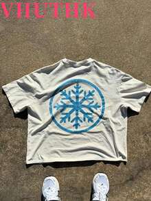 VHUTHK Double Sided Printing (220 Pure Cotton T-Shirt) 'COZY' Letters And Fireball Pattern Double-Sided Printing Men's Summer Round Neck Short Sleeved Casual Pure Cotton Printing