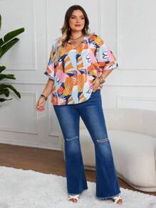 Plus Size Women V-Neck Printed Short Sleeve Tops, Casual Summer Holiday Wear