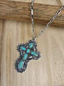 1 pezzo Collana con pendente a forma di croce intarsiato in turchese, ispirato allo stile , unisex