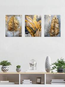 3 pièces Art mural moderne, Œuvre d'art décorative dorée, Affiches imprimées de feuilles, Peintures sur canevas de mode, Art mural élégant, Peintures classiques, Esthétique de la pièce, Décoration pour la maison, Cadeau idéal, Pour le salon, la chambre à coucher, la salle de bain, avec cadre en option