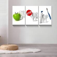 Set 3 dinți Zâmbet și îngrijire dentară Clean Bacteria Wall Art Canvas Painting Poster cu cadru pentru living modern, baie, dormitor, hotel, pensiune, coridor, studio, clasă, cameră pentru copii, clinică stomatologică, spital, cămin, birou de acasă Decor gata de agățat