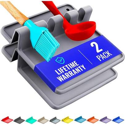 Silicone Spoon Rest For Stove Top With Drip Pad (2 Pack) - Heat Resistant Utensil Rest & Kitchen Spoon Holder For Kitchen Counter - Grill And Countertop - Spatula Holder, Tongs, Ladle - Grey