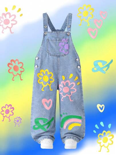 Girls' Cute Flower Print & Denim Jumpsuits, Lightweight, Summer