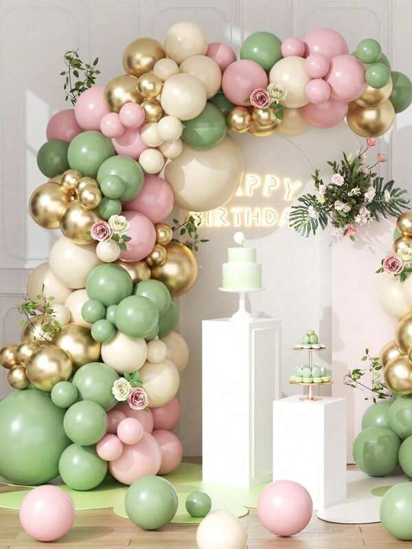 106pcs Green Pink Balloon Garland Arch Kit White Sand Chrome Gold And Pastel Balloons Garland For Girl Baby Shower Wedding Jungle Woodland Boho Birthday Party Decorations, Back To School Valentine Day
