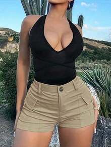 大码女式夏季服装，辣妹风格纯色高腰短款休闲沙滩度假户外运动工装裤，直筒裤，适合日常休闲、通勤、户外度假 - 杏色 - 查看 4